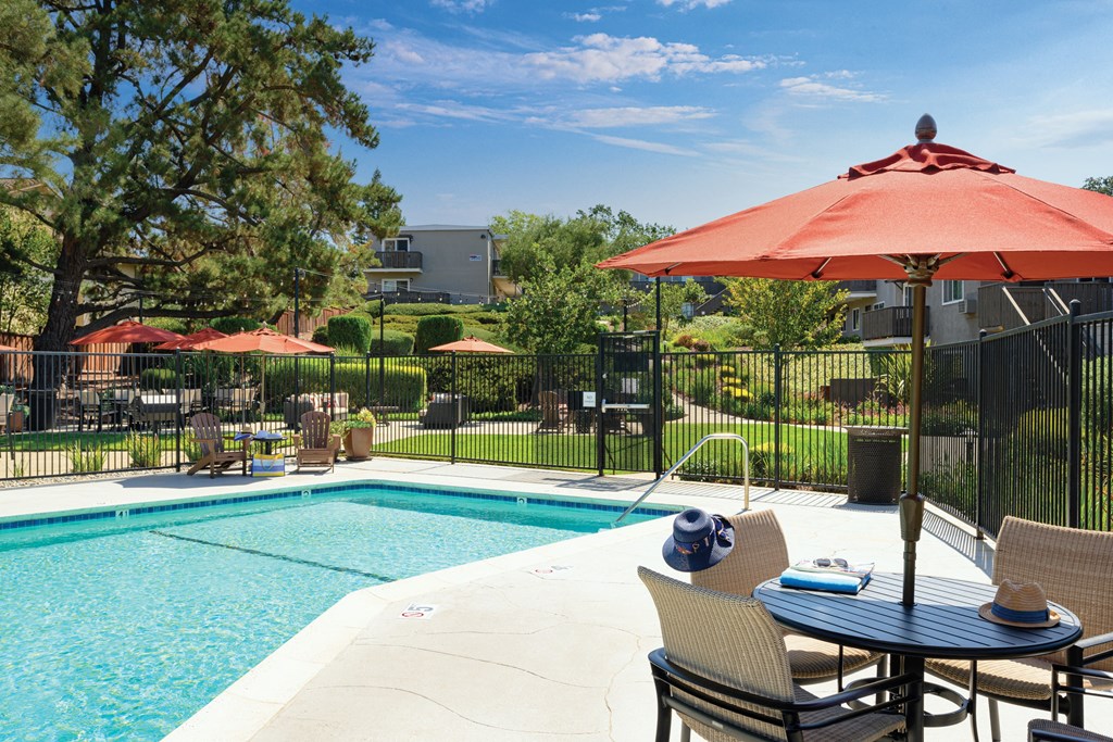 Pool-side patio  at Pleasanton Heights, California, 94566