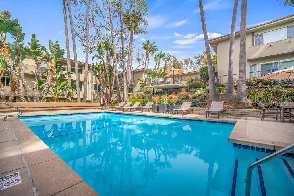A swimming pool surrounded by palm trees and a building in the background at West Park Village, Los Angeles, CA