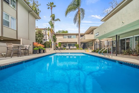 A swimming pool in a residential area with houses and palm trees.