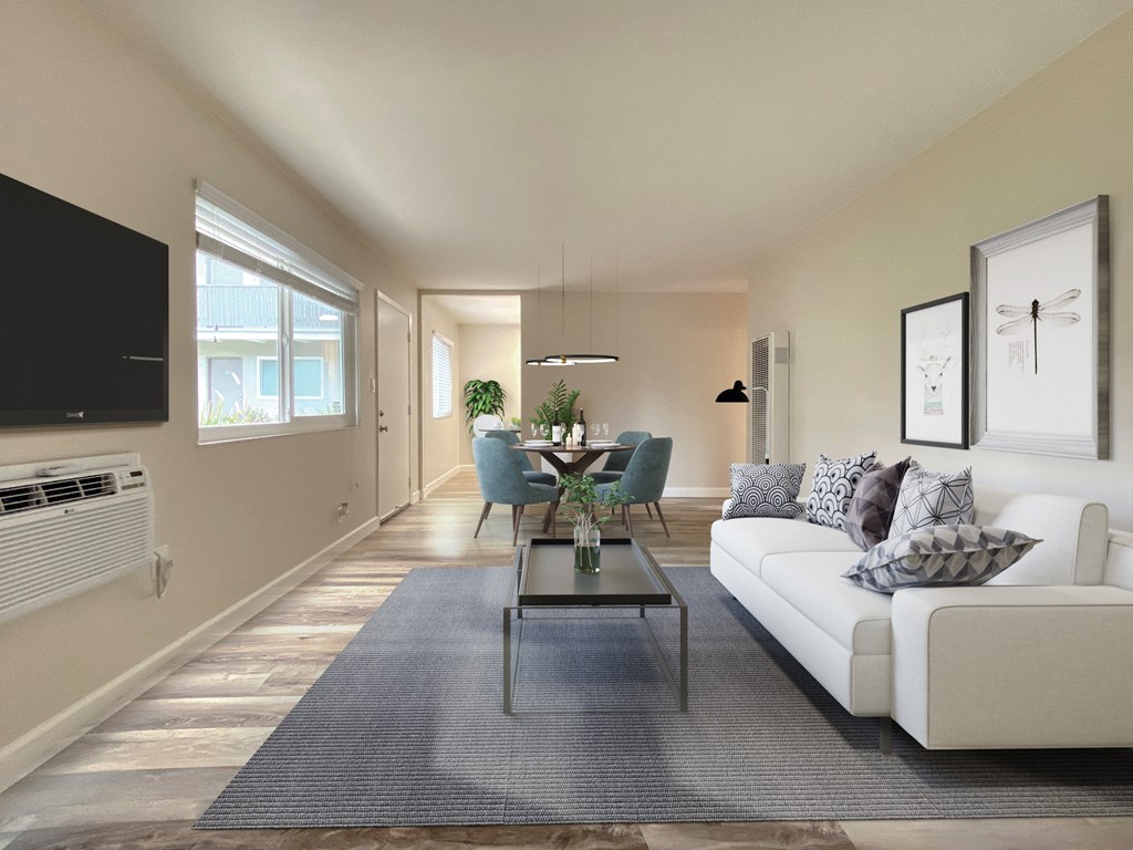 Living room and dining area at Pleasanton Heights Apartment Homes