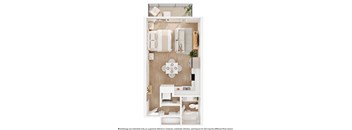 A top-down view of a small, neatly organized kitchen and dining area.
