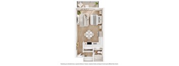 A top-down view of a small, neatly organized room with a bed, desk, and chair.