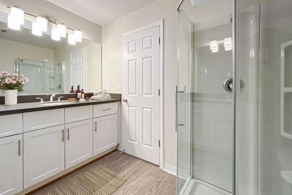 A bathroom with a white door and a glass shower at Valley Plaza Villages, California, 94566