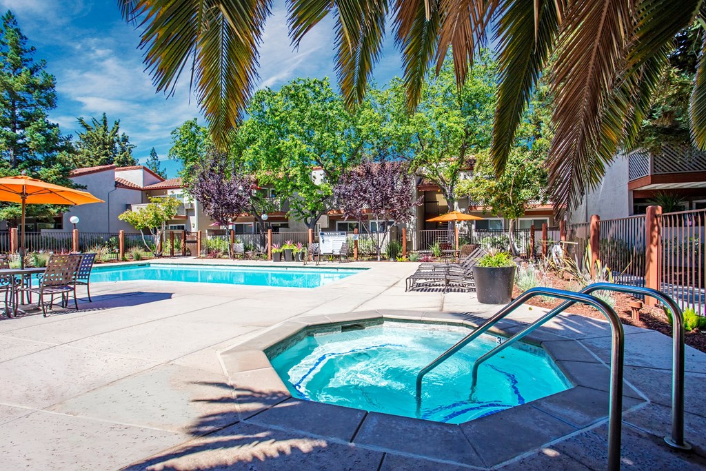 A pool surrounded by palm trees and patio furniture at Valley Plaza Villages, California, 94566