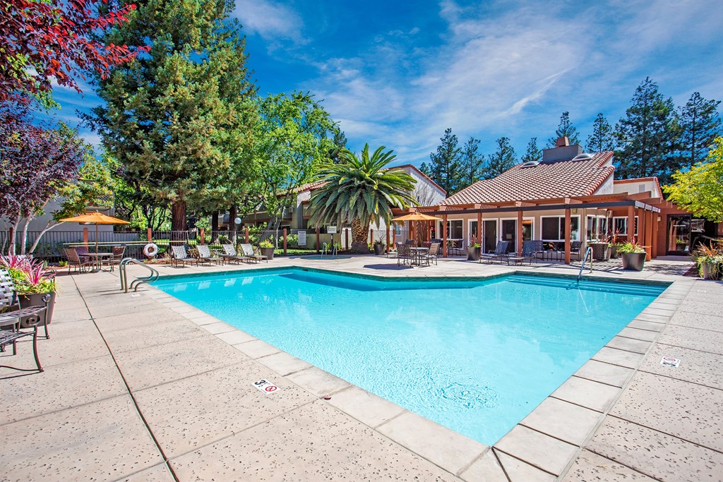A large swimming pool surrounded by trees and a house in the background at Valley Plaza Villages, California, 94566
