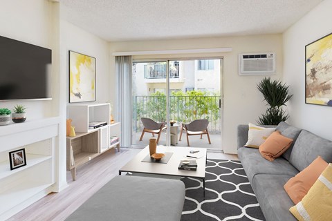 A living room with a grey couch and a black and white rug.