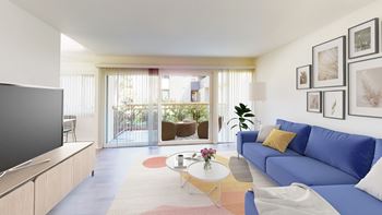 A living room with a blue couch and a television at West Park Village, Los Angeles, 90025