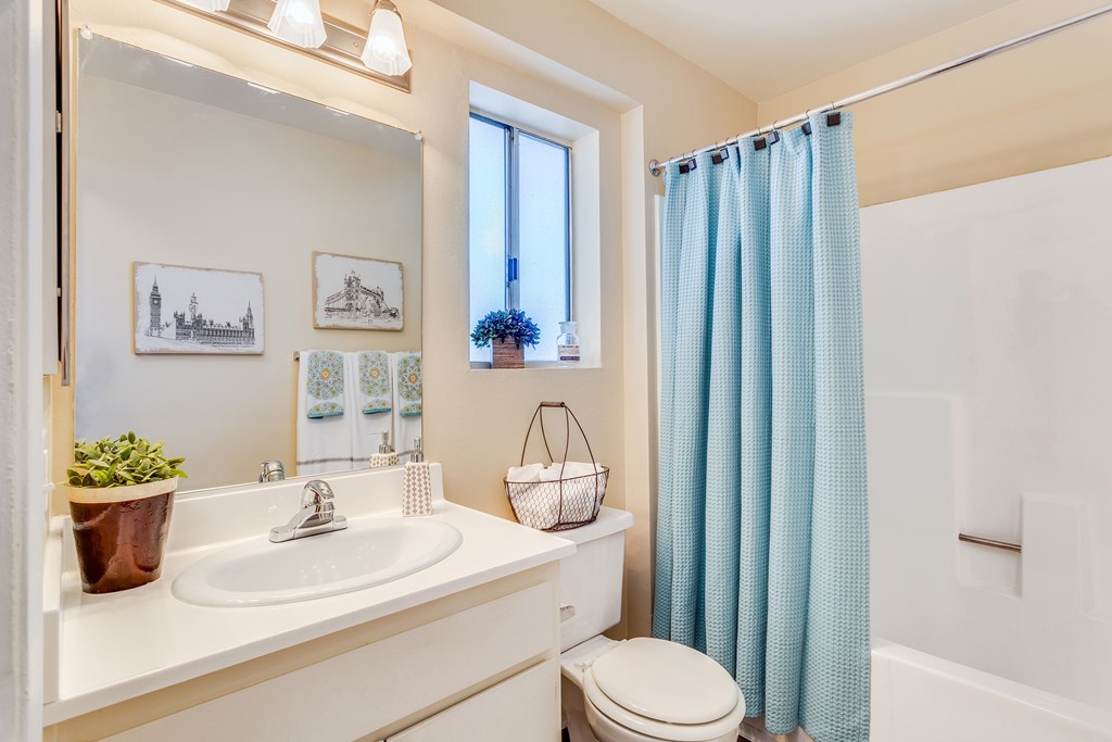 A bathroom with a white sink, toilet, and blue shower curtain at Mountain Vista, Victorville, CA