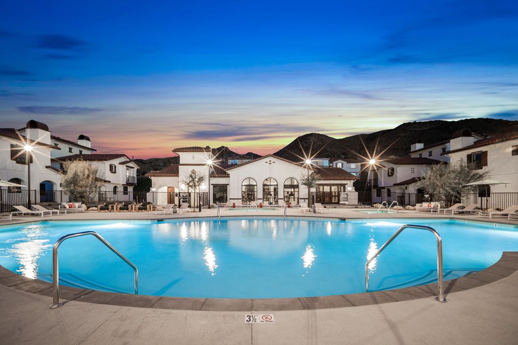 A large swimming pool in the middle of a resort at dusk at The Villas at Anacapa Canyon, Camarillo, 93012