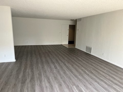 an empty living room with a wood floor