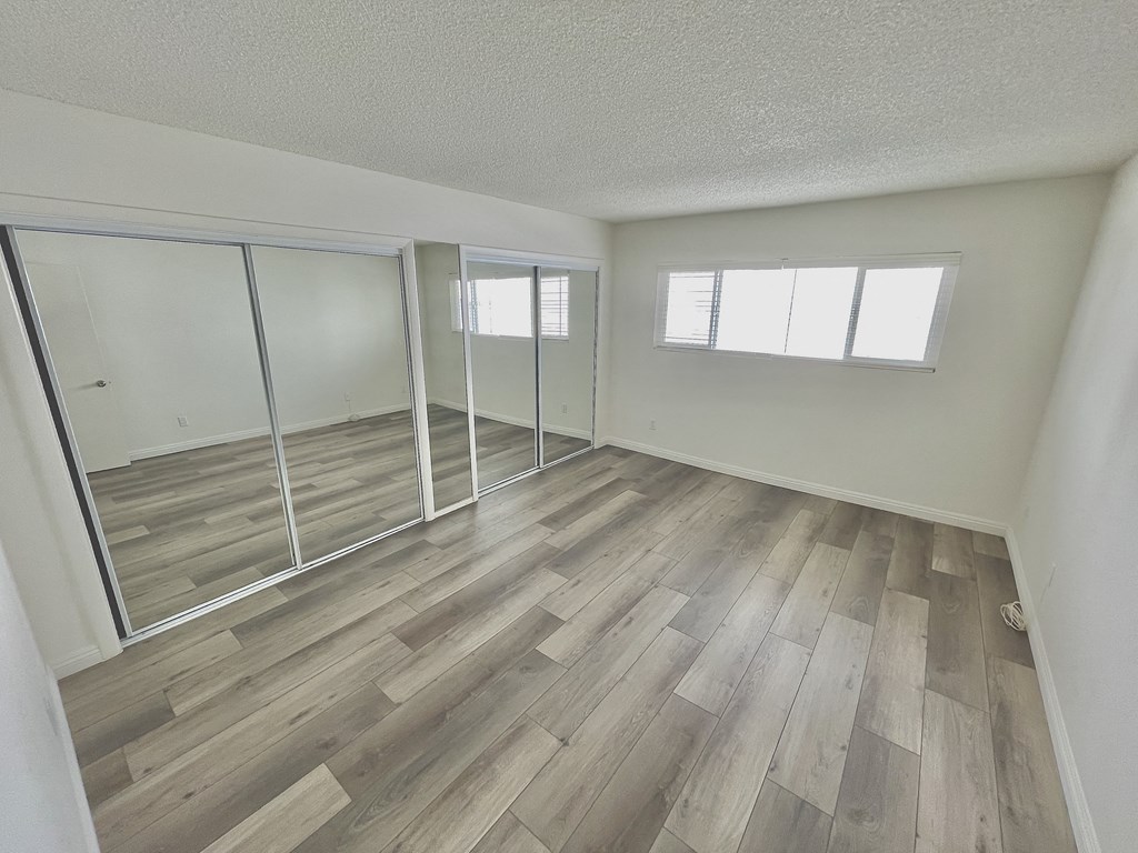 Bedroom with Hardwood Floors and Mirrored Wardrobe Closet