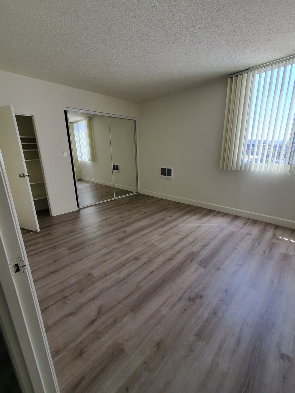 Bedroom with Hardwood Floors and Mirrored Wardrobe Closet