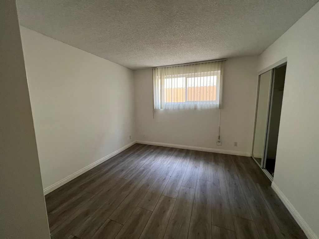 Bedroom with Hardwood Floors and Mirrored Wardrobe Closet