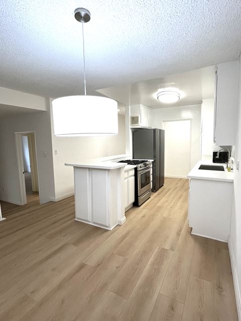 Kitchen with Hardwood Floors, White Cabinets and Stainless Steel Appliances
