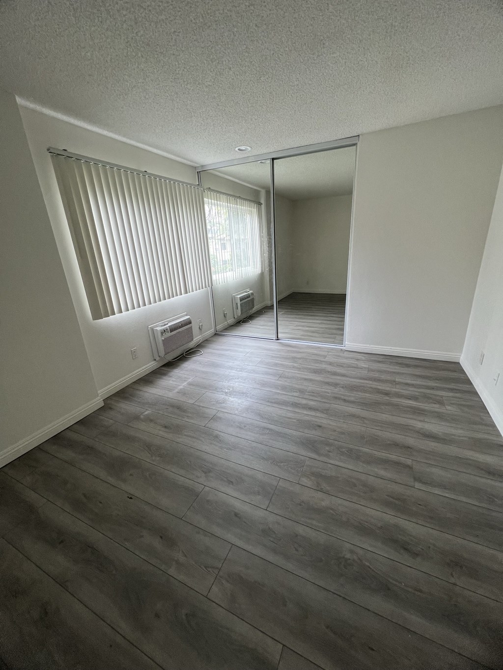 Bedroom with Hardwood Floors and Mirrored Wardrobe Closet