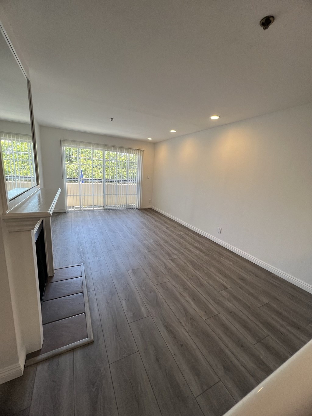 Living Room with Hardwood Floors, Fireplace and Patio Door
