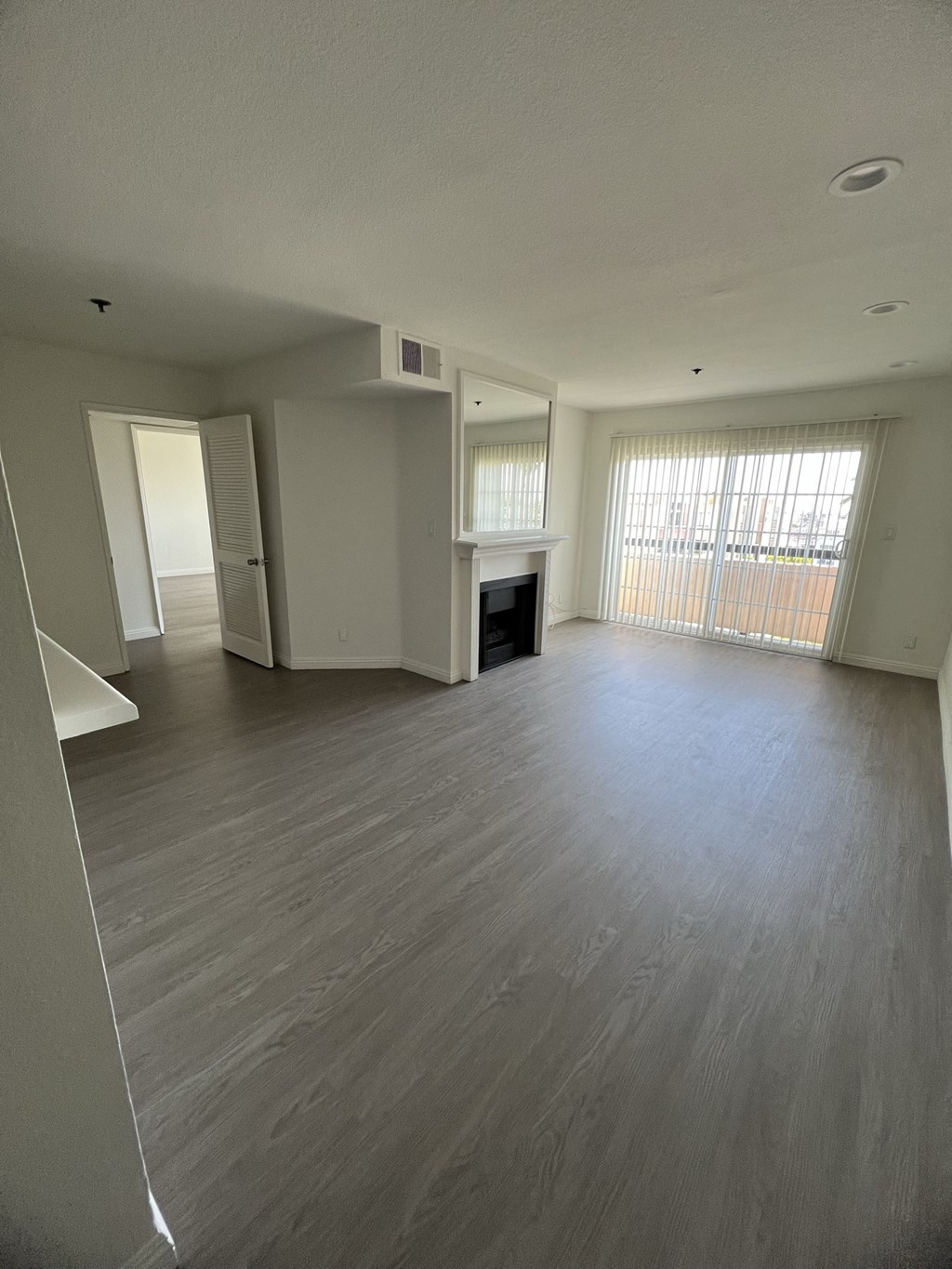 Living Room with Hardwood Floors, Fireplace and Patio Door