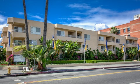a large apartment building with palm trees in front of it