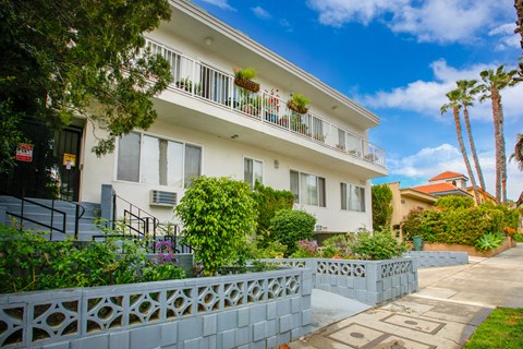 a white building with a sidewalk and plants in front of it