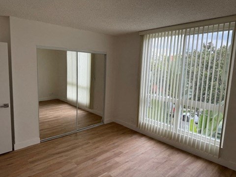 Bedroom with Hardwood Floors and Mirrored Wardrobe Closet