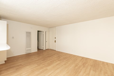 an empty living room with wood flooring and white walls
