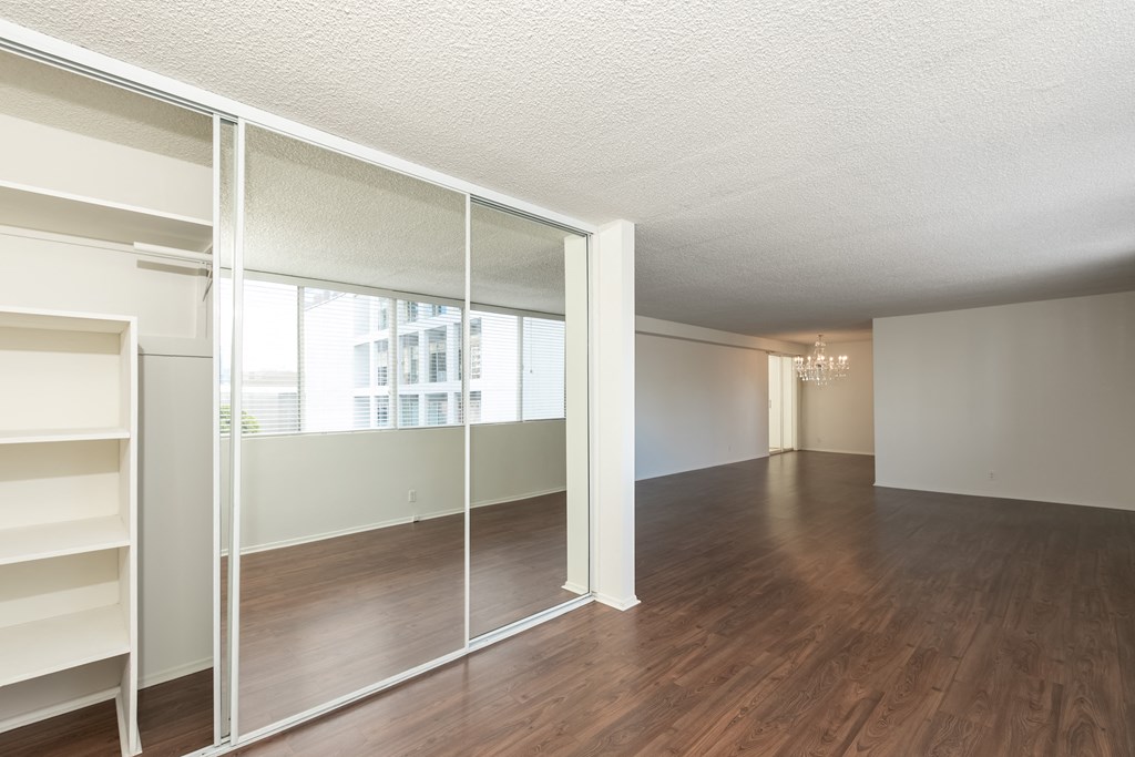 Bedroom with Hardwood Floors and Mirrored Wardrobe Closet