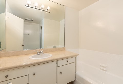Bathroom with White Cabinets and Bathtub
