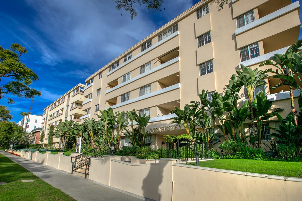 a large building with palm trees in front of it on a sidewalk