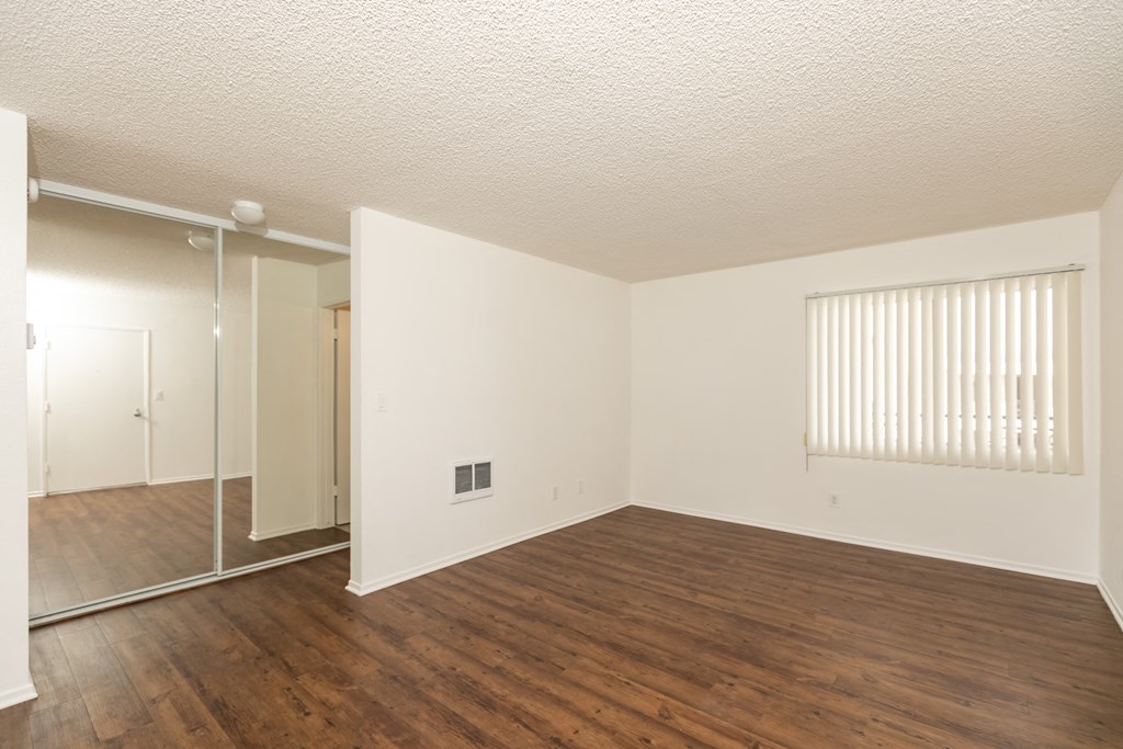 Bedroom with Hardwood Floors and Mirrored Wardrobe Closet