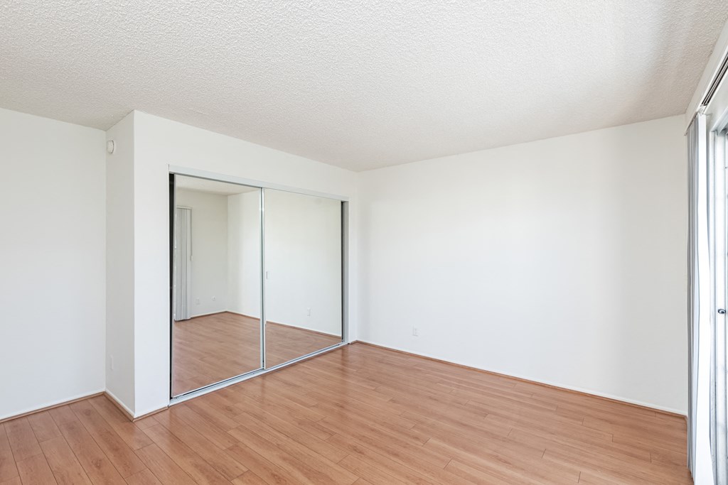 Bedroom with Hardwood Floors and Mirrored Wardrobe Closet