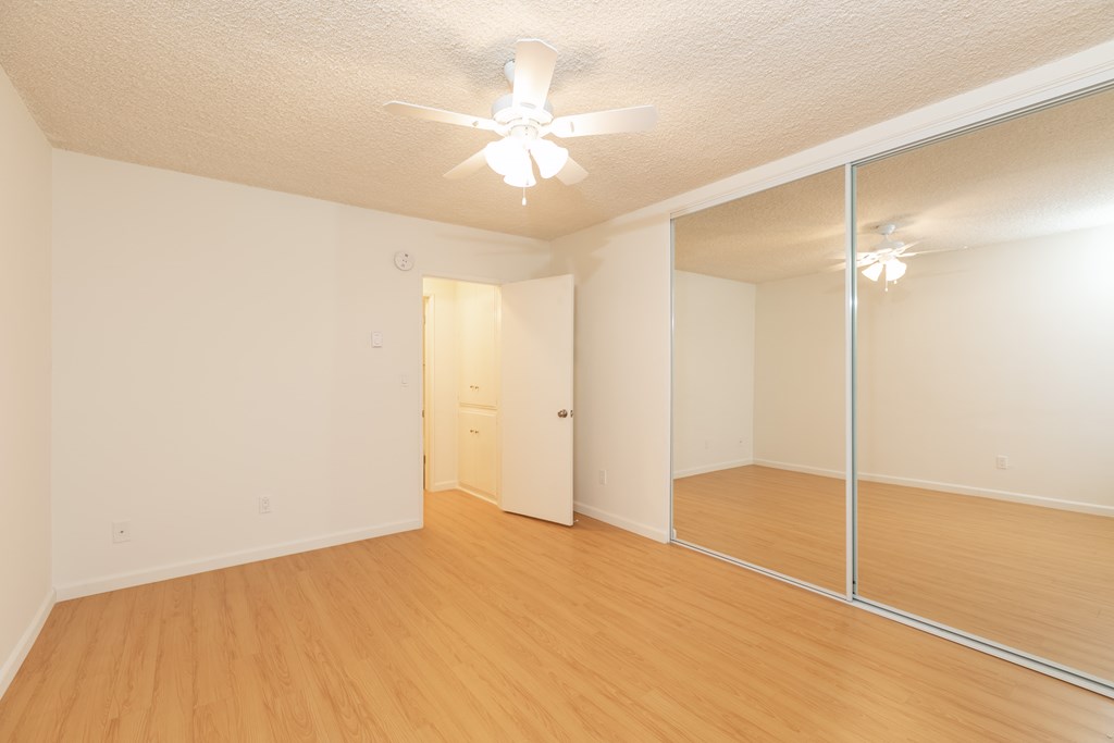 Bedroom with Hardwood Floors and Mirrored Wardrobe Closet