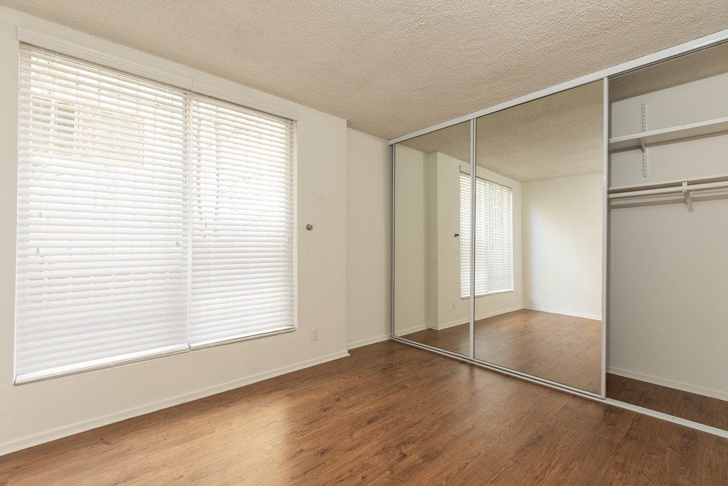 Bedroom with Hardwood Floors and Mirrored Wardrobe Closet