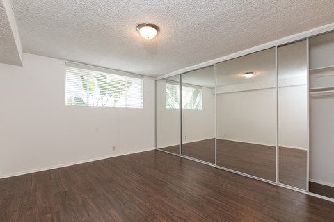 Bedroom with Hardwood Floors and Mirrored Wardrobe Closet