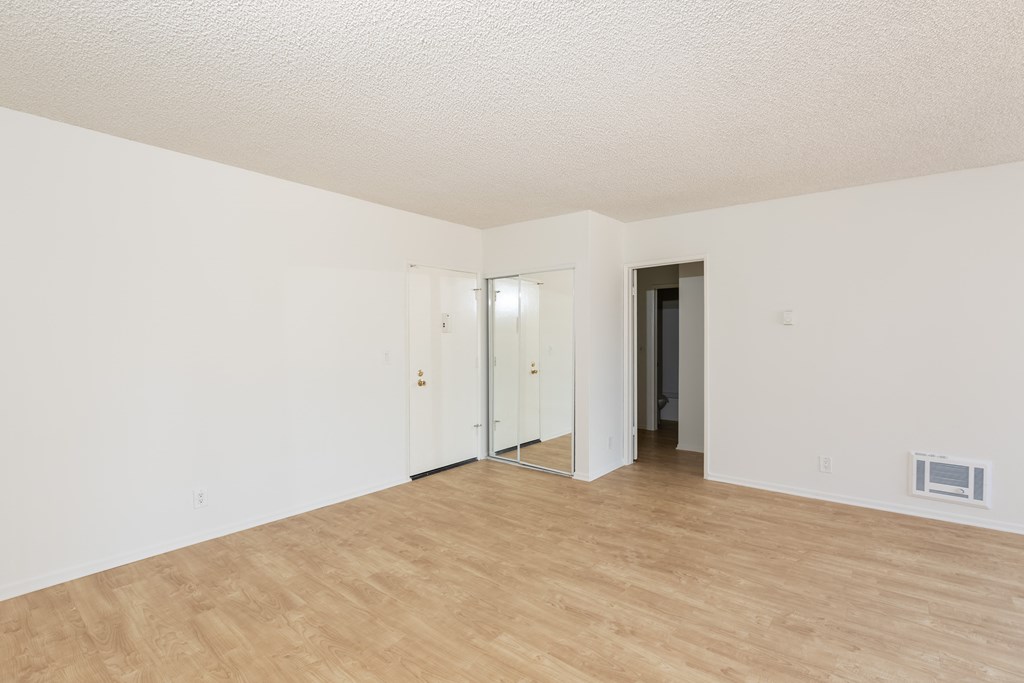 Living Room with Hardwood Floors and Mirrored Closet