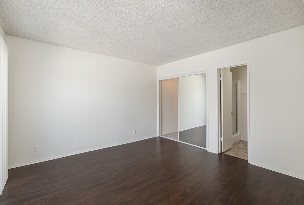 Bedroom with Hardwood Floors and Mirrored Wardrobe Closet