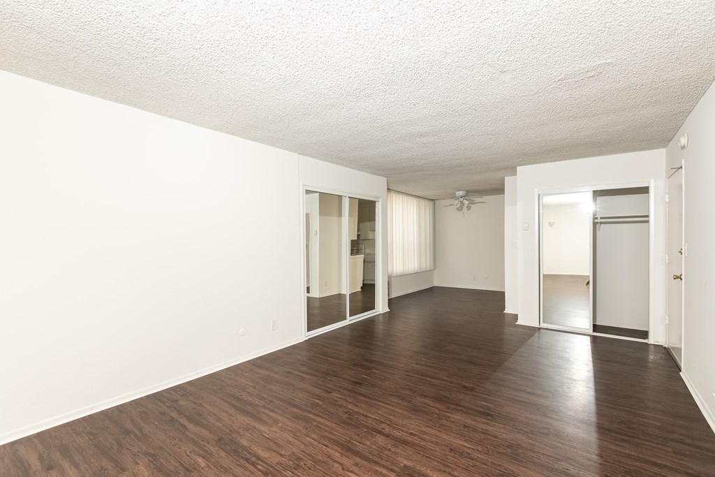 Living Room with Hardwood Floors and Mirrored Closet