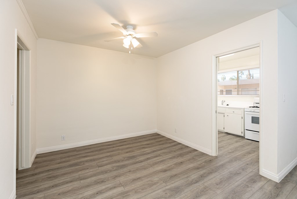 Dining Room with Hardwood Floors and Fan