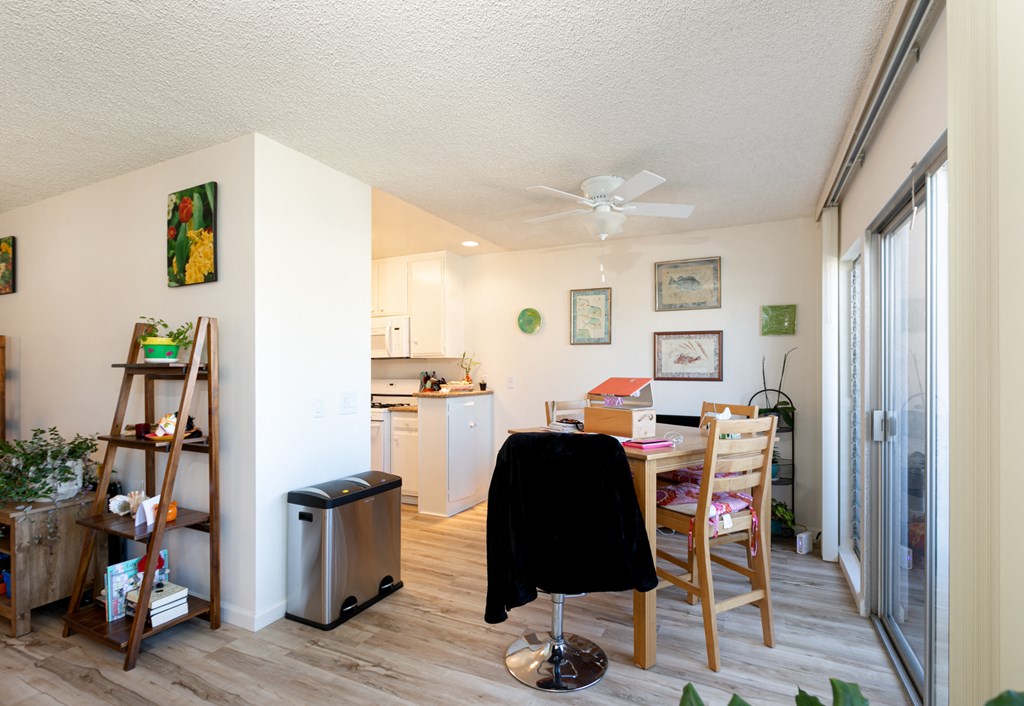 Dining Room with Hardwood Floors and Fan