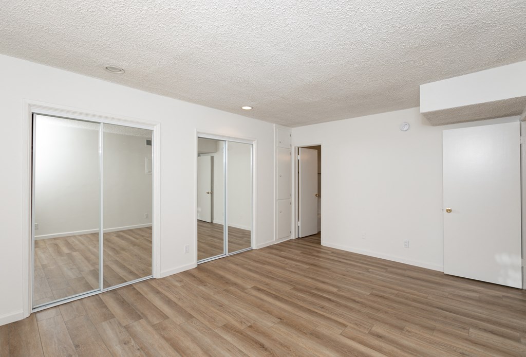 Bedroom with Mirrored Wardrobe Closet and Hardwood Floors