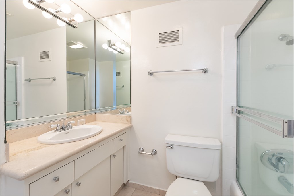 A white toilet sits next to a sink in a bathroom.