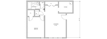 A black and white floor plan of a small apartment with a living room, kitchen, bedroom, and bathroom.