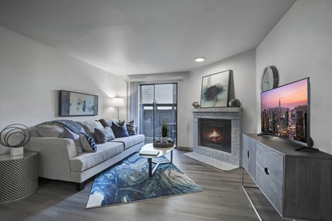 A modern living room with a fireplace and a television.