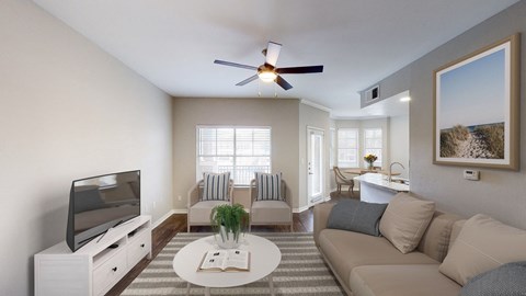 Spacious living room with ceiling fan at The Legends at Eagle Mountain Lake, Texas
