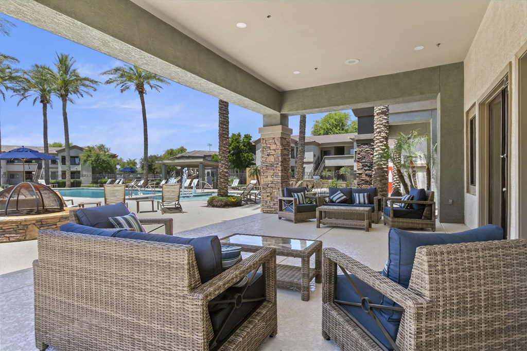 Sit a spell on the new patio furniture or enjoy a fire in the fall nights  at Adiamo Palm Valley, Goodyear, AZ
