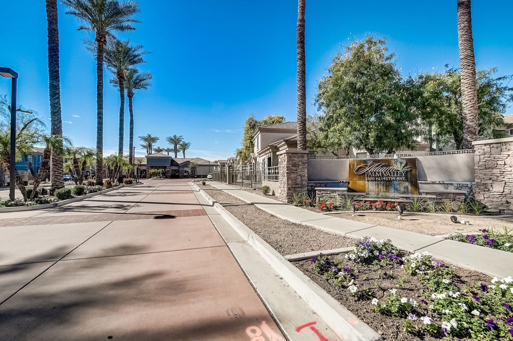 a sidewalk in front of a building with palm trees  at Adiamo Palm Valley, Goodyear, AZ