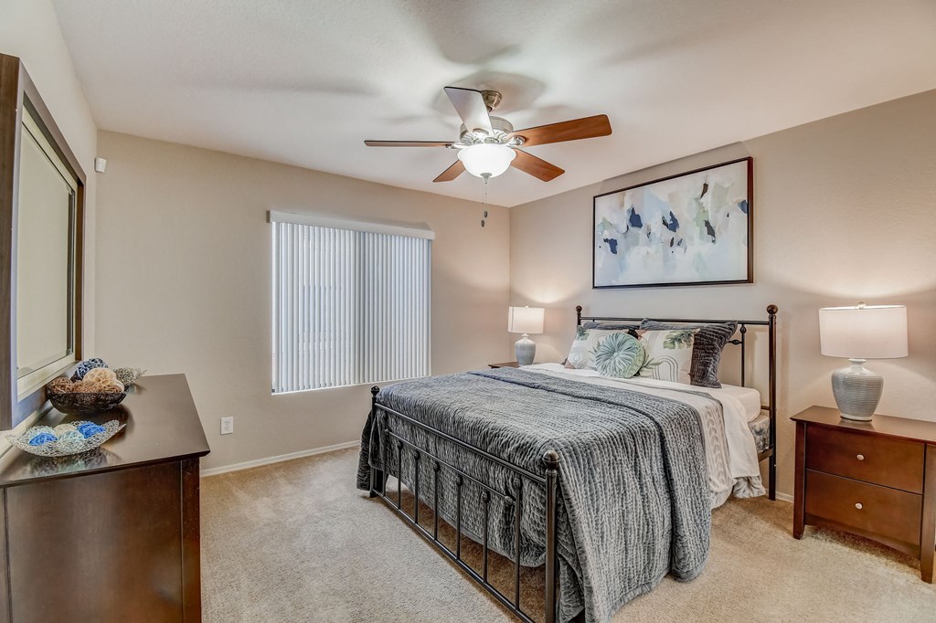 Bedroom With Ceiling Fan at San Montego Apartments, Mesa, AZ