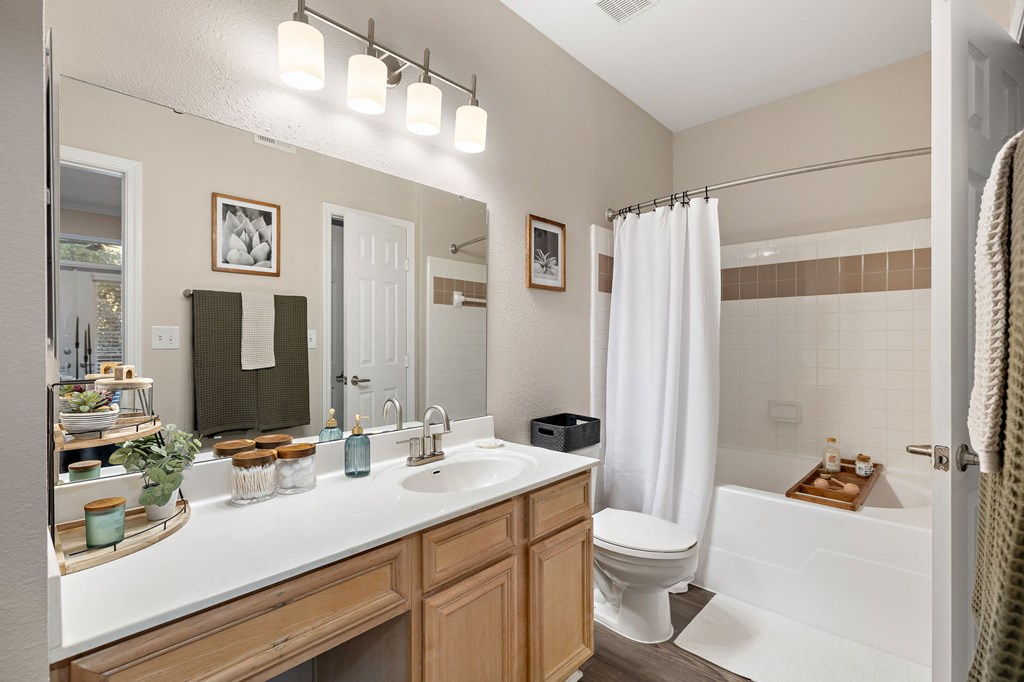 a bathroom with a sink and a toilet and a shower at The Verandah, Texas, 78726