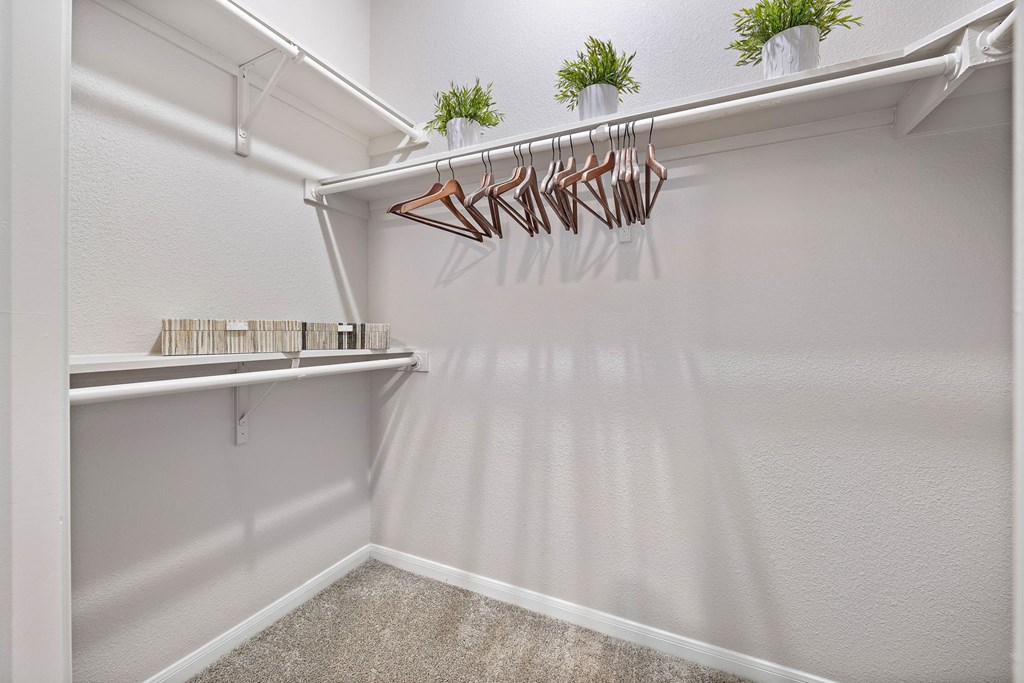 a spacious walk in closet with white walls and carpet at Artisan Apartments & Shops, Austin