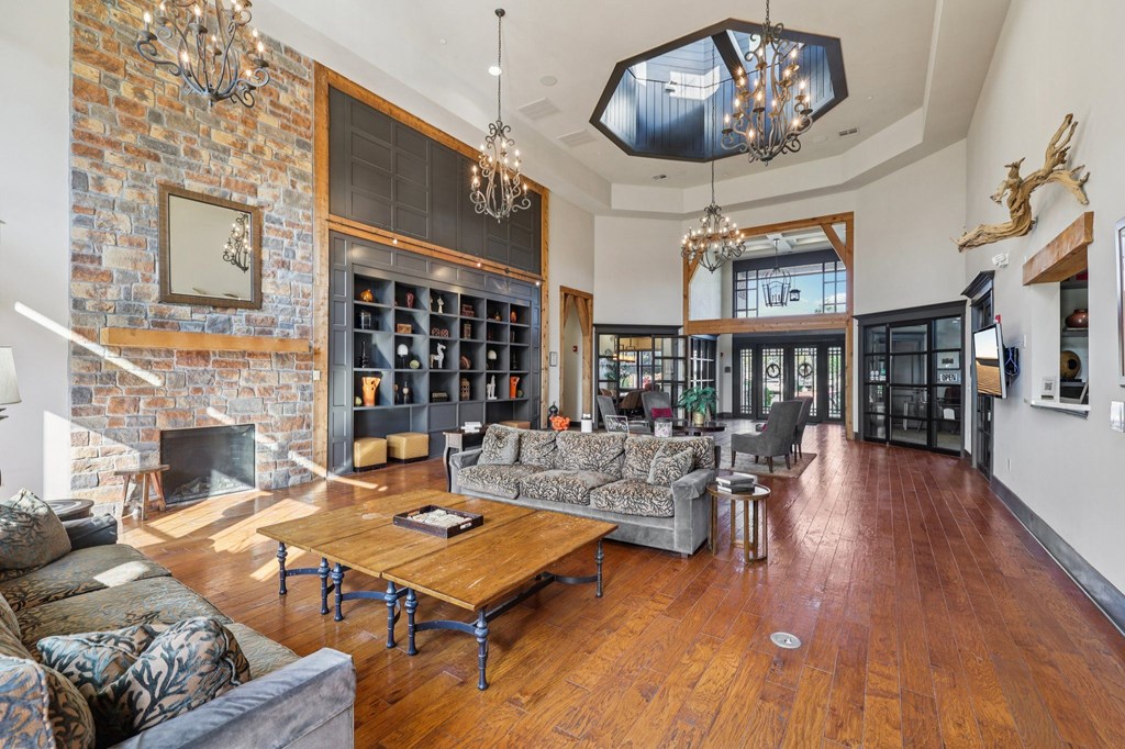 A living room with a fireplace and a couch.