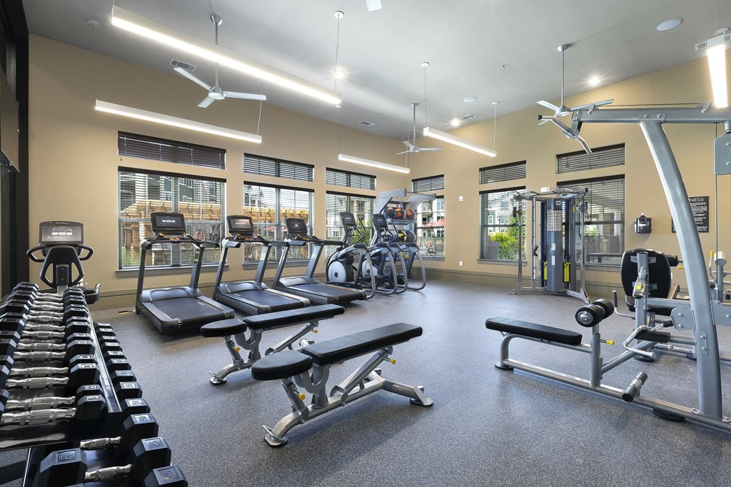 a gym with cardio equipment and weights at the enclave at university heights at North Creek, Hutto, 78634